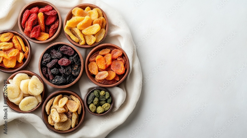 Dried fruits in small bowls arranged on a white cloth, top view, with plenty of copy space. Dried fruits in small bowls arranged on a white cloth, top view, with plenty of copy space.