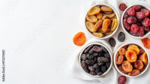 Dried fruits in small bowls arranged on a white cloth, top view, with plenty of copy space.