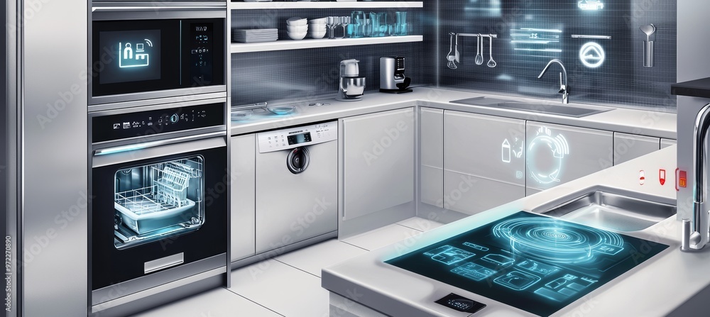 Modern Energy-Efficient Smart Kitchen with Connected Dishwasher and Home Devices Modern Energy-Efficient Smart Kitchen with Connected Dishwasher and Home Devices