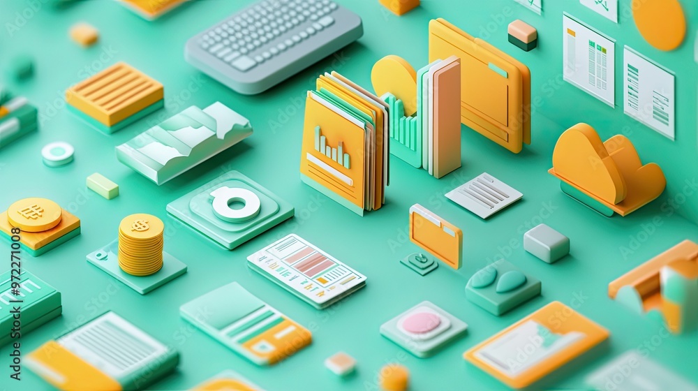 Floating 3D cost structure icons for business, arranged neatly, with room for text. Floating 3D cost structure icons for business, arranged neatly, with room for text.