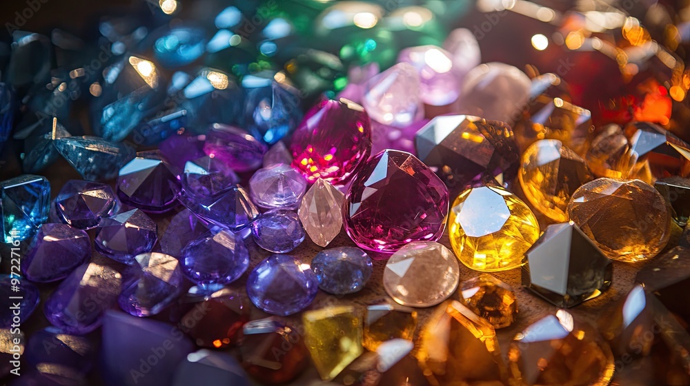 Gemstone sorting and cutting process in a professional workshop bright light reflecting off raw gems close-up view Gemstone sorting and cutting process in a professional workshop bright light reflecting off raw gems close-up view
