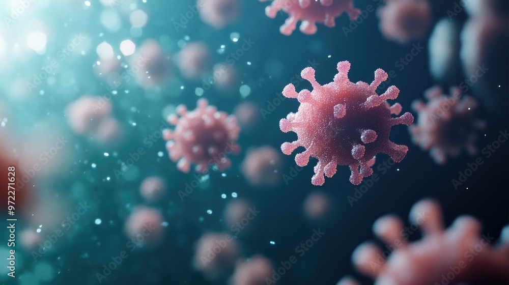 Floating virus cells in a 3D style, isolated with plenty of space for text. Floating virus cells in a 3D style, isolated with plenty of space for text.