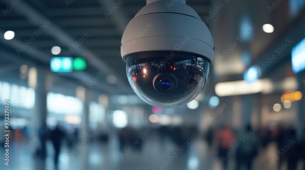 A close-up view of a security camera monitoring a busy public space, emphasizing surveillance technology in urban environments. A close-up view of a security camera monitoring a busy public space, emphasizing surveillance technology in urban environments.