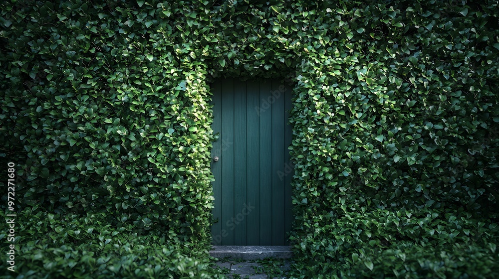 Green Door Hidden in Lush Foliage, Secluded Entrance, Secret Garden, Mystery, Enchanting, Nature, Green Wall, Entranceway, Dreamy, Green Leaves, Tranquil, Hidden Path, Greenery, Overgrown Entrance. Green Door Hidden in Lush Foliage, Secluded Entrance, Secret Garden, Mystery, Enchanting, Nature, Green Wall, Entranceway, Dreamy, Green Leaves, Tranquil, Hidden Path, Greenery, Overgrown Entrance.