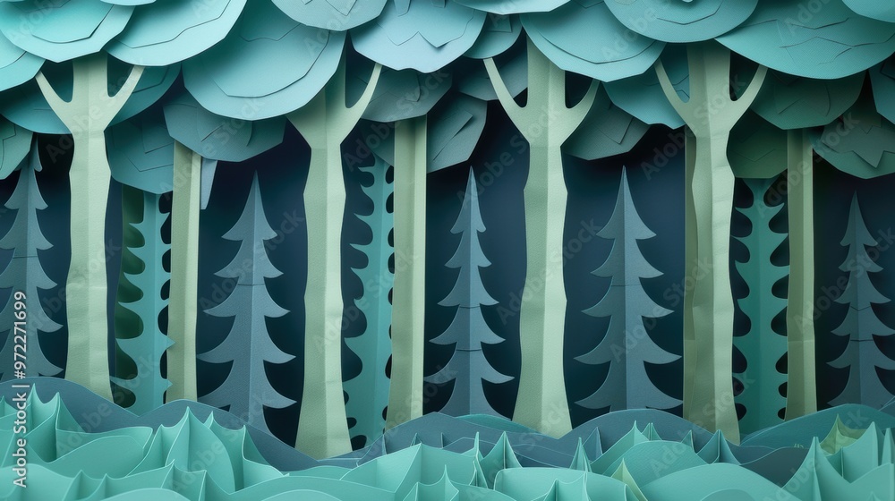 Obraz premium A paper forest background with only trees. The trees are made from folded and cut paper, with intricate details and layered textures.