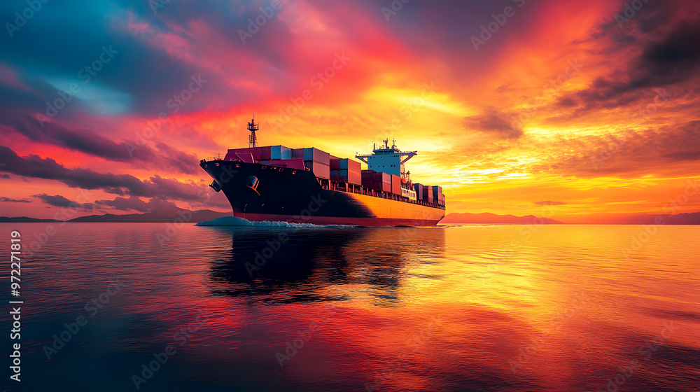 large cargo ship sails smoothly across a calm ocean, silhouetted against a stunning sunset large cargo ship sails smoothly across a calm ocean, silhouetted against a stunning sunset