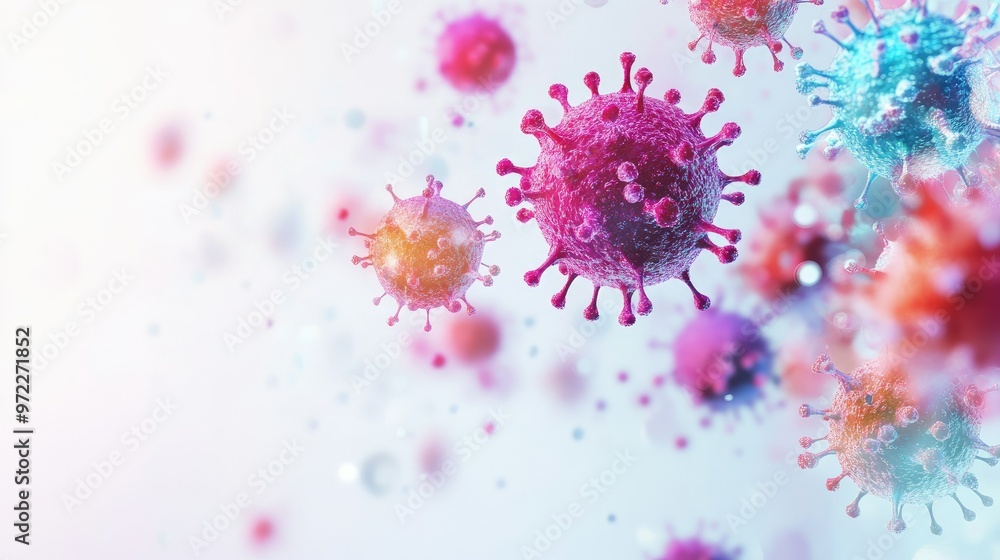 Floating virus particles in bright colors on a white background, ample copy space. Floating virus particles in bright colors on a white background, ample copy space.