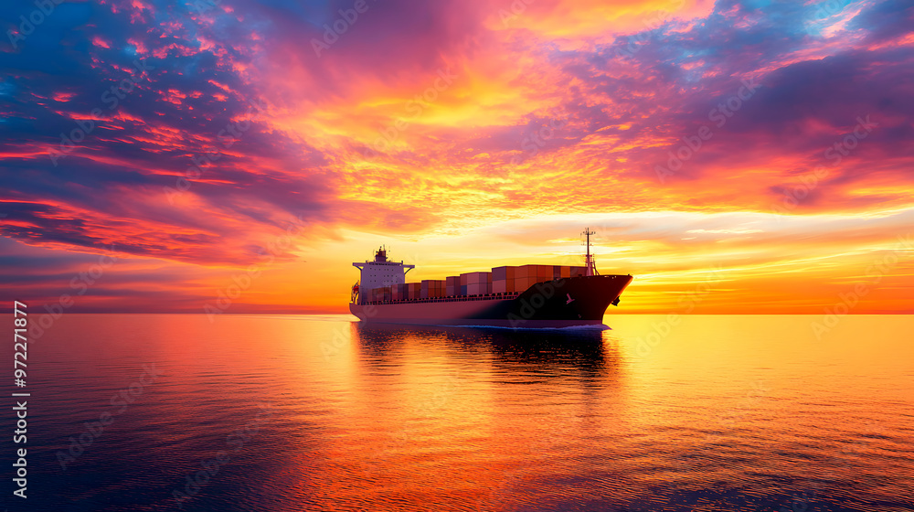 large cargo ship sails smoothly across a calm ocean, silhouetted against a stunning sunset large cargo ship sails smoothly across a calm ocean, silhouetted against a stunning sunset