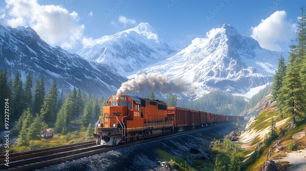 Obraz premium Freight Train in a Dramatic Mountain Landscape with Snow-Covered Peaks and Lush Green Forest - Digital Illustration.