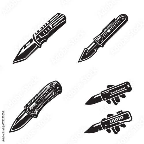 Utility Knife vectors set -Premium  Open Pocket Knife Silhouette, sharp blade Folding knife set 