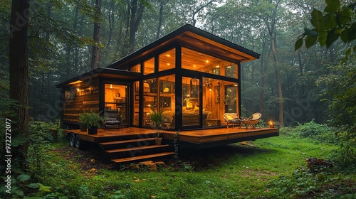 Modern Cabin Retreat in a Misty Forest at Dusk