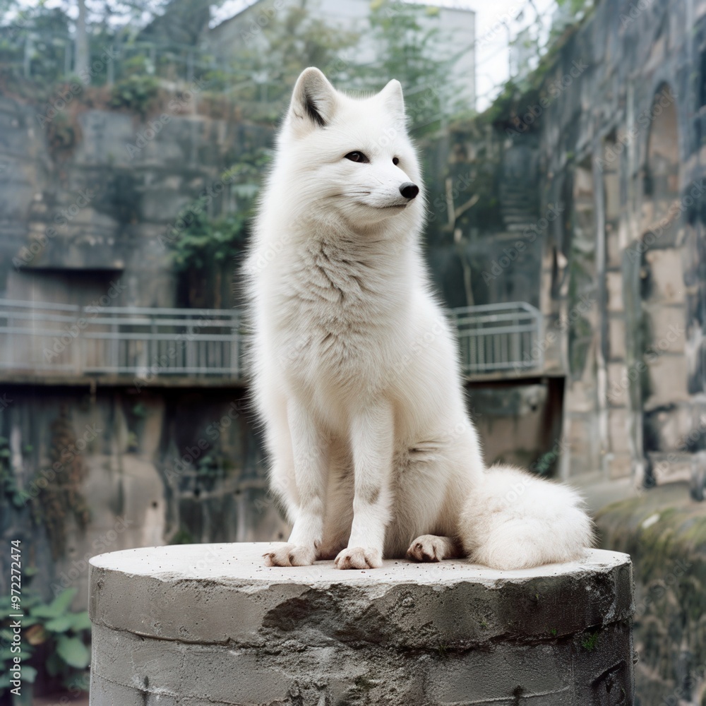 Obraz premium A charming white fox perched on a stone pedestal, showcasing its fluffy fur and alert expression in a serene, natural setting.