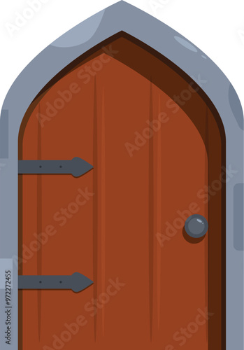 Cartoon style illustration of an old wooden door with metal hinges and a stone archway, isolated on white