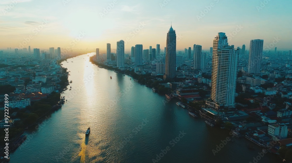 A high-altitude view over Bangkok, showcasing the skyline where towering A high-altitude view over Bangkok, showcasing the skyline where towering