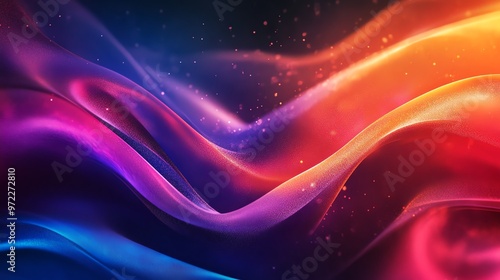 Abstract colorful wave background with glowing particles.