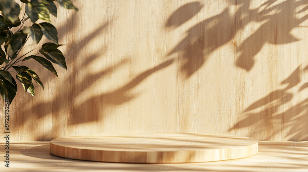 A wooden platform surrounded by greenery casting soft shadows in a bright indoor setting A wooden platform surrounded by greenery casting soft shadows in a bright indoor setting