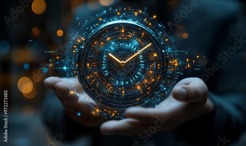 businessman holding a digital clock, holographic productivity tools, task lists, project timelines, and efficiency metrics, technology in optimizing time management design,