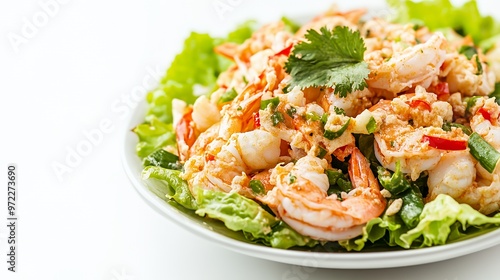 Close-up of a delicious shrimp salad with fresh lettuce and herbs.