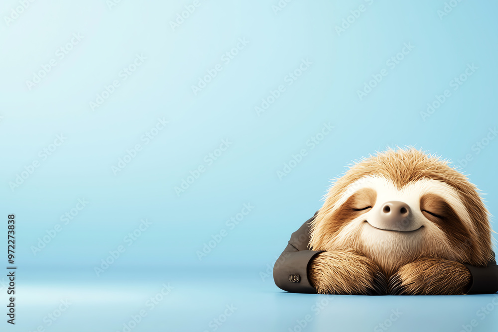 Fototapeta premium A cheerful sloth in a suit resting peacefully against a blue background, embodying relaxation and joy.