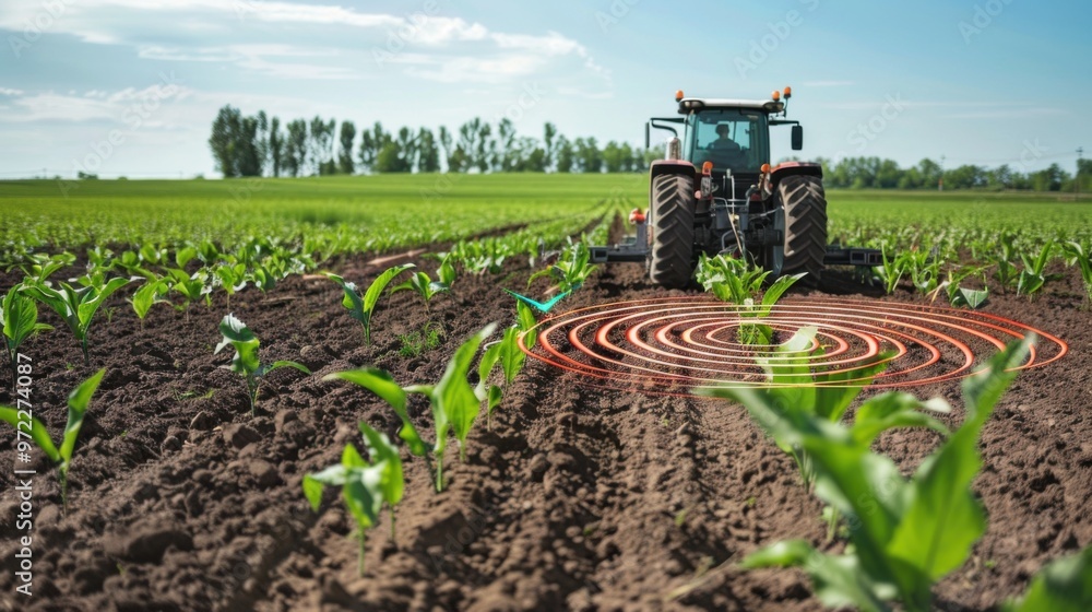 A sensor equipped plow traversing a field measuring soil density and moisture levels to create the perfect environment for planting A sensor equipped plow traversing a field measuring soil density and moisture levels to create the perfect environment for planting