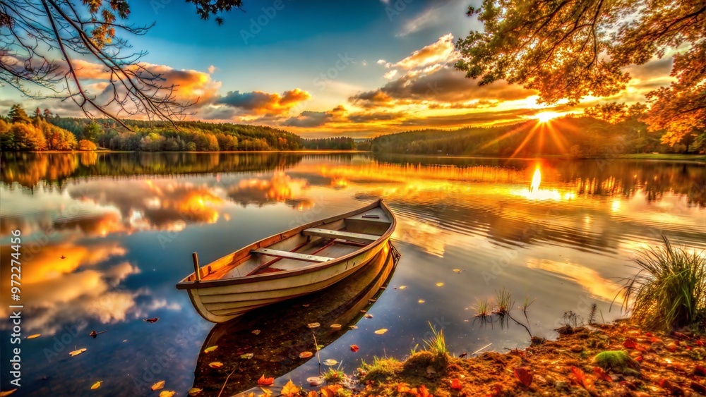 Fototapeta premium sunset on the river boat water reflection nature