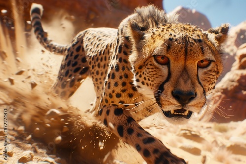 A dynamic close-up of a cheetah sprinting through the desert, showcasing its speed and powerful physique in vivid detail.