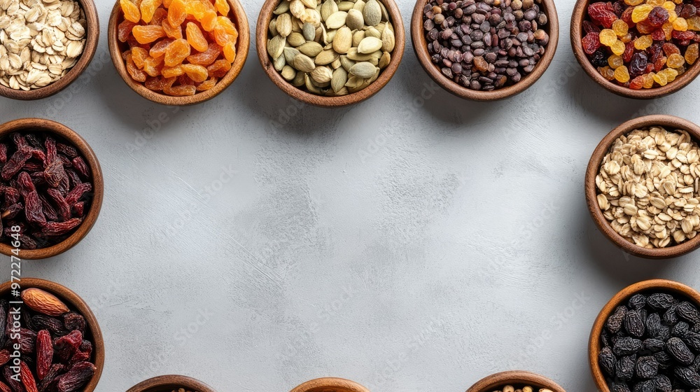 Top view of a selection of dried fruits and seeds in small bowls, with ample copy space. Top view of a selection of dried fruits and seeds in small bowls, with ample copy space.