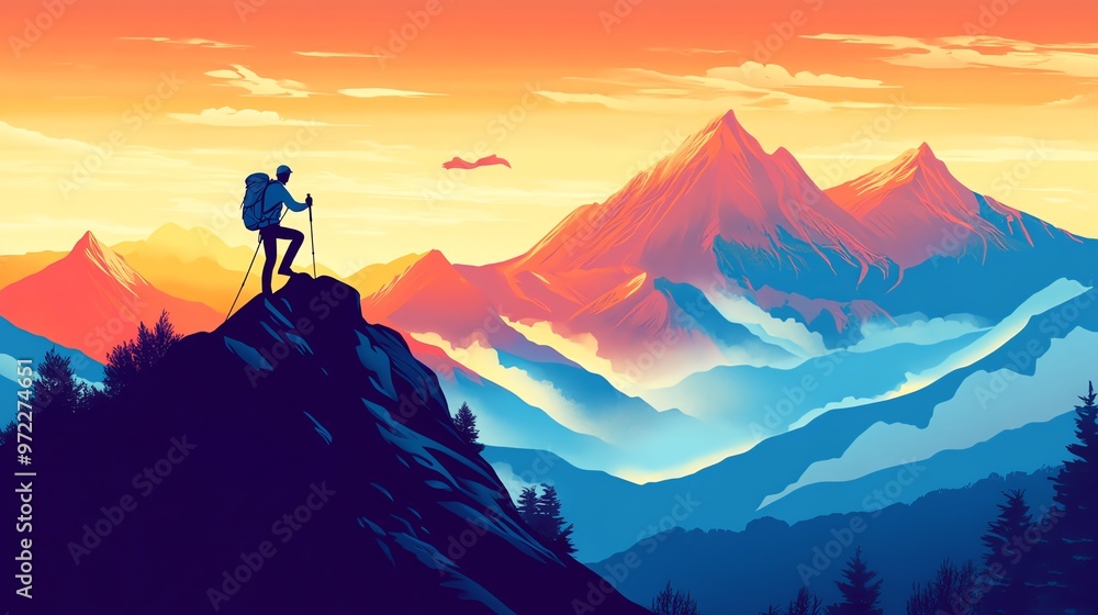 A lone hiker stands on a mountain peak, looking out over a colorful mountain range at sunset. A lone hiker stands on a mountain peak, looking out over a colorful mountain range at sunset.