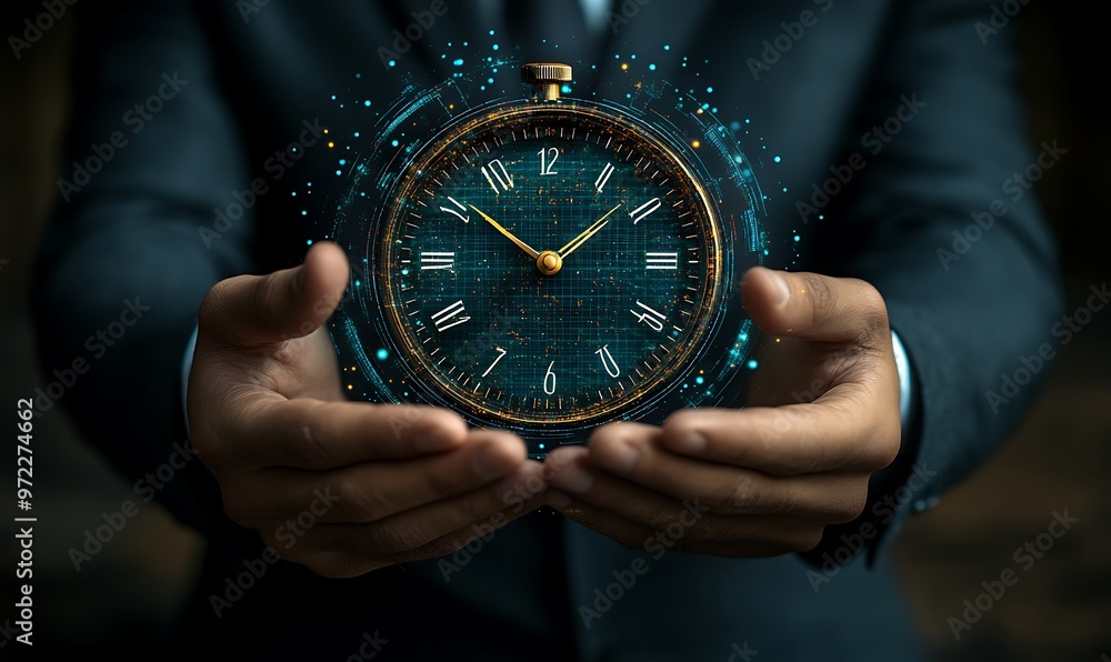 Fototapeta premium businessman holding a digital clock, holographic productivity tools, task lists, project timelines, and efficiency metrics, technology in optimizing time management design,