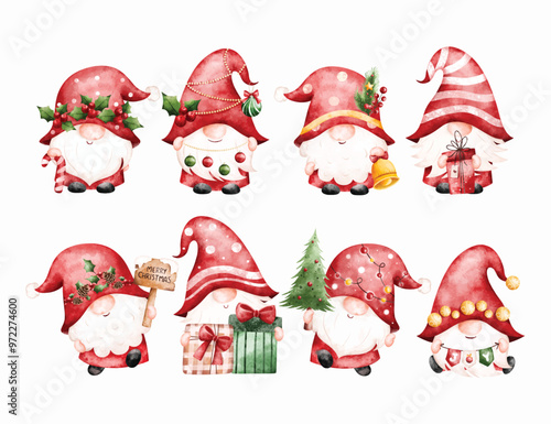 Watercolor Illustration Set of Christmas Gnomes