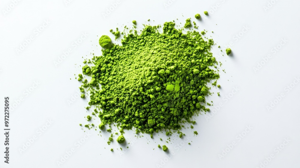 A vibrant green pile of matcha powder neatly placed on a clean white background, showcasing its fine texture and natural color