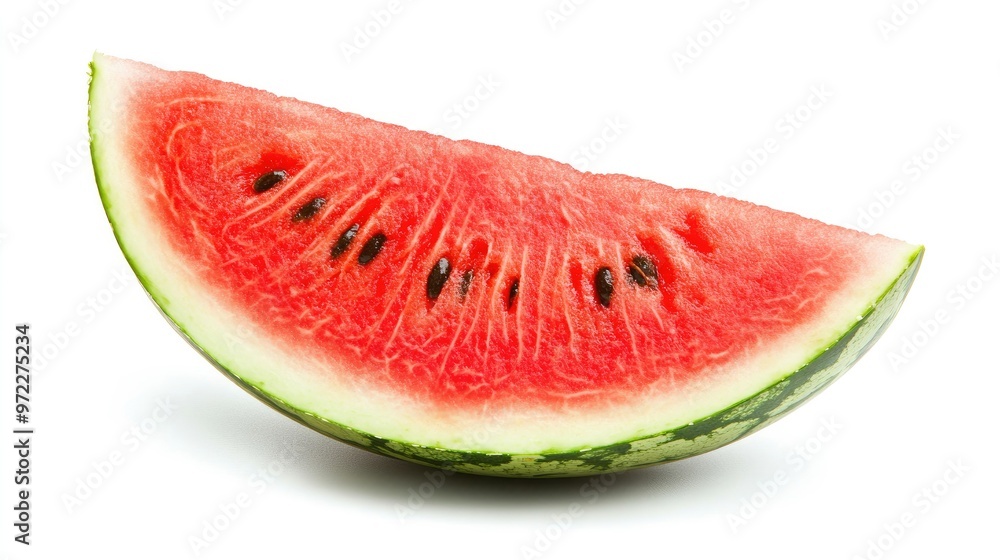 A vibrant slice of watermelon with juicy red flesh and green rind, isolated on a clean white background A vibrant slice of watermelon with juicy red flesh and green rind, isolated on a clean white background