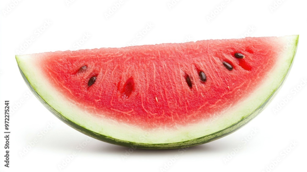 A vibrant slice of watermelon with juicy red flesh and green rind, isolated on a clean white background A vibrant slice of watermelon with juicy red flesh and green rind, isolated on a clean white background