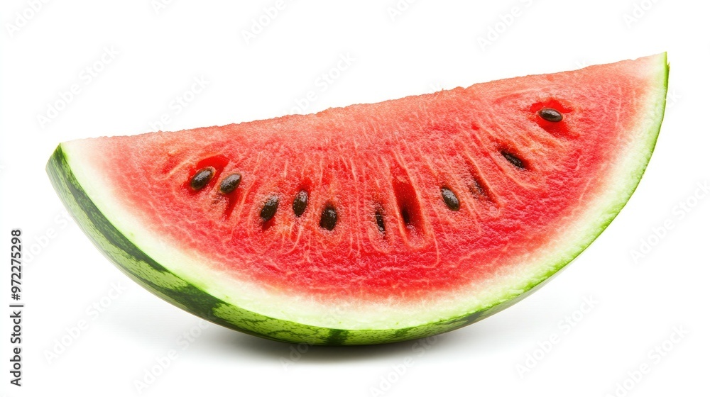 A vibrant slice of watermelon with juicy red flesh and green rind, isolated on a clean white background A vibrant slice of watermelon with juicy red flesh and green rind, isolated on a clean white background