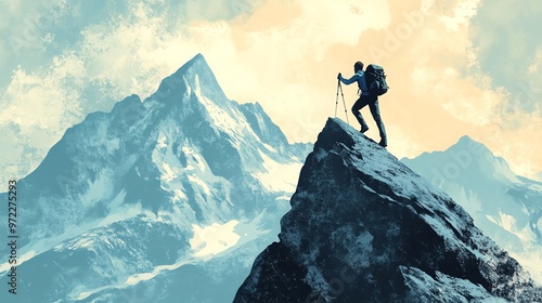Silhouette of a hiker on the mountaintop,