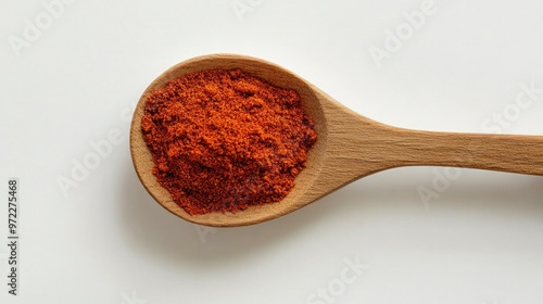 A wooden spoon filled with spicy red chili powder resting on a plain white surface, perfect for food and spice imagery