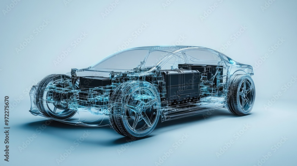 An x-ray 3D line art view of a modern electric car chassis, focusing on the battery, isolated in a professional studio setting An x-ray 3D line art view of a modern electric car chassis, focusing on the battery, isolated in a professional studio setting