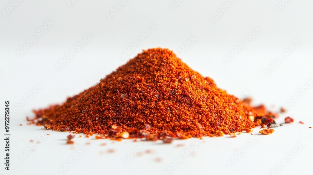 Chili powder in a small heap, isolated on a white surface, highlighting its intense red hue and spicy appeal Chili powder in a small heap, isolated on a white surface, highlighting its intense red hue and spicy appeal