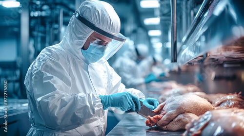 A worker in protective clothing efficiently cuts chicken carcasses with an electric knife, surrounded by advanced machinery and industrial architecture photo