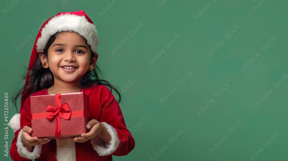 A cute and happy Indian girl dressing in red winter clothes, wearing a Santa hat and holding a gift box on a plain green background with copy space for text. A cute and happy Indian girl dressing in red winter clothes, wearing a Santa hat and holding a gift box on a plain green background with copy space for text.