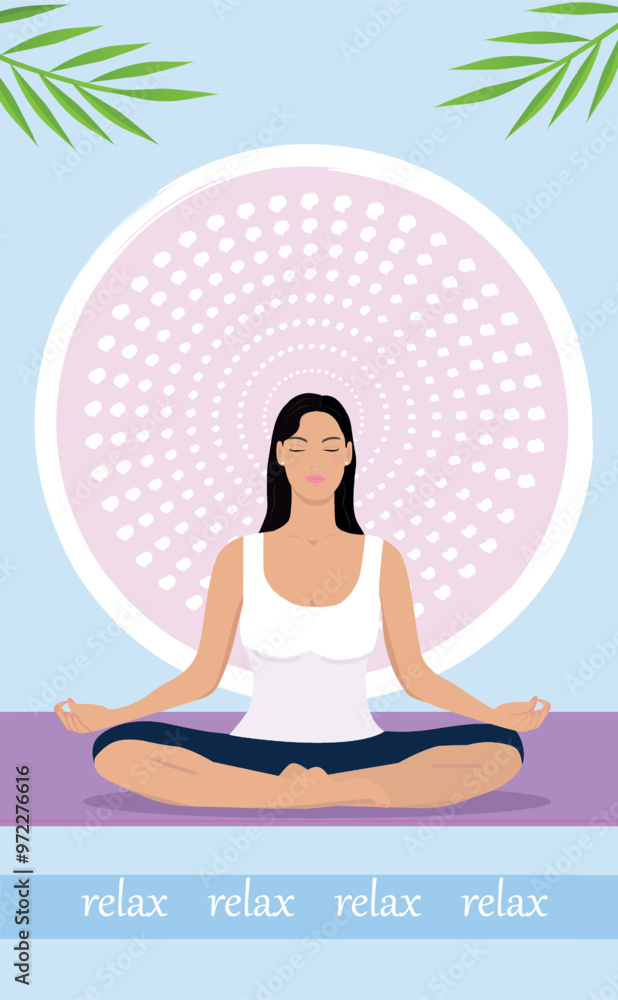 A woman meditates in a pastel background with leaves. Conceptual illustration for yoga A woman meditates in a pastel background with leaves. Conceptual illustration for yoga