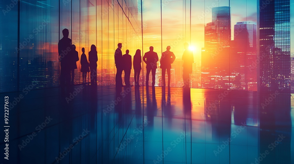 Silhouettes of a diverse group of business people standing in front of a window overlooking a city skyline during a beautiful sunset. Silhouettes of a diverse group of business people standing in front of a window overlooking a city skyline during a beautiful sunset.