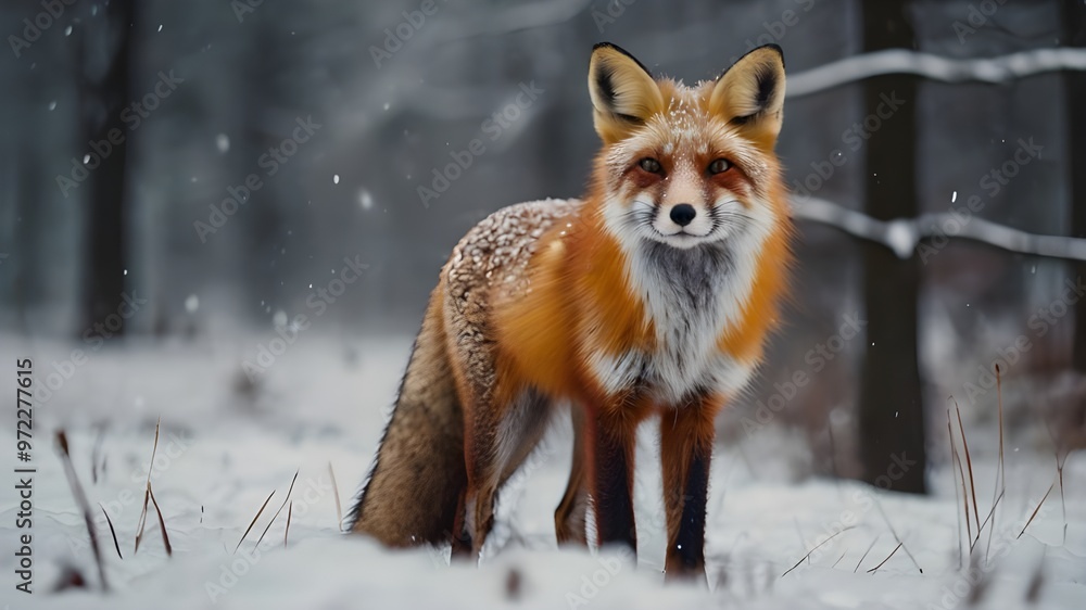 Fox on the winter forest meadow, with white snow. Fox on the winter forest meadow, with white snow.