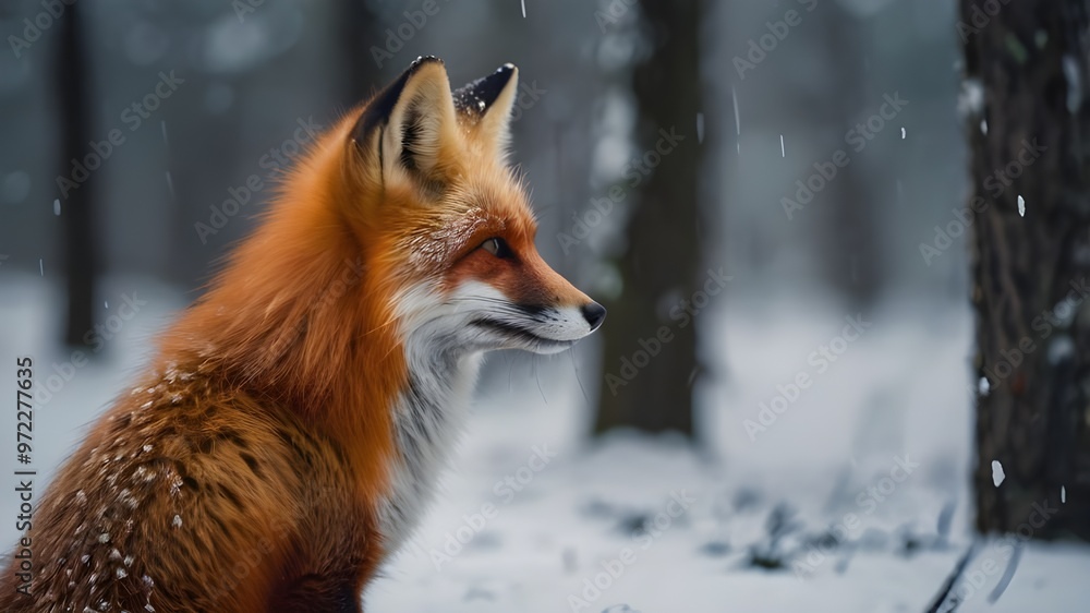Fox on the winter forest meadow, with white snow.