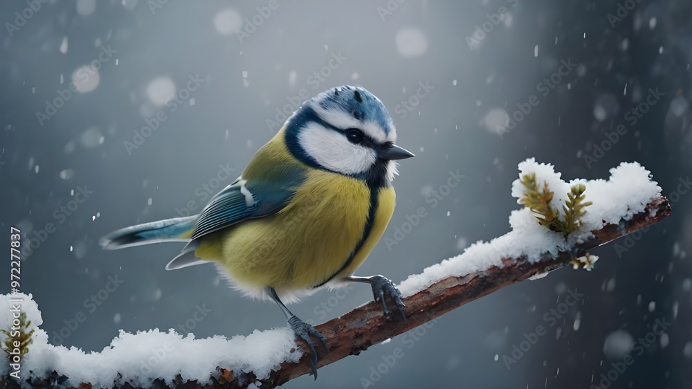 Obraz premium Snow winter with cute songbird. Bird Blue Tit in forest, snowflakes and nice lichen branch. First snow with animal.