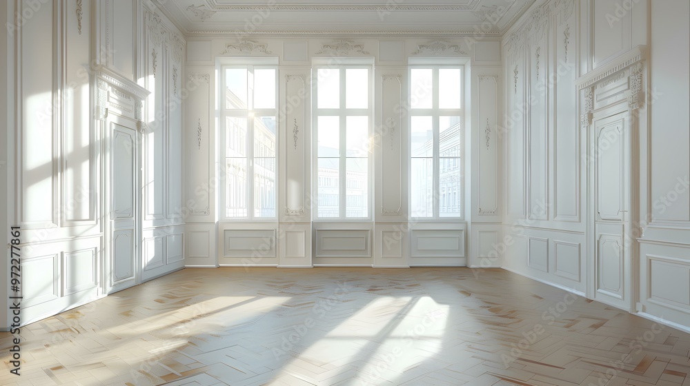Fototapeta premium Elegant Empty Room with Large Windows and Sunbeams