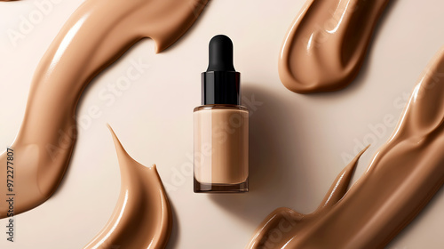 Liquid foundation concealer bottle surrounded by abstract shapes of flowing foundation