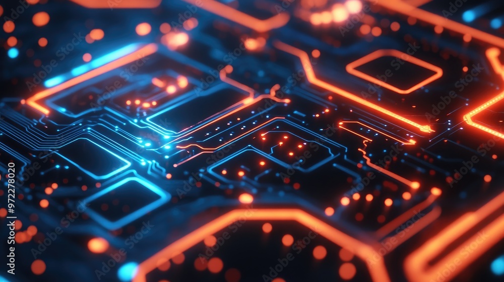 A close-up of a circuit board with glowing orange and blue lines, representing the flow of data and information. A close-up of a circuit board with glowing orange and blue lines, representing the flow of data and information.