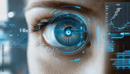 Futuristic biometric eye with holographic HUD, data overlays, and digital tracking elements