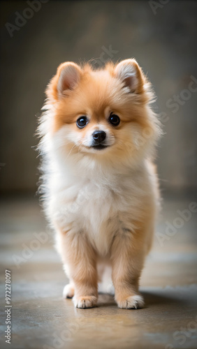 Small fluffy light brown Pomeranian puppy dog looking to the right on concrete floor in soft focus background